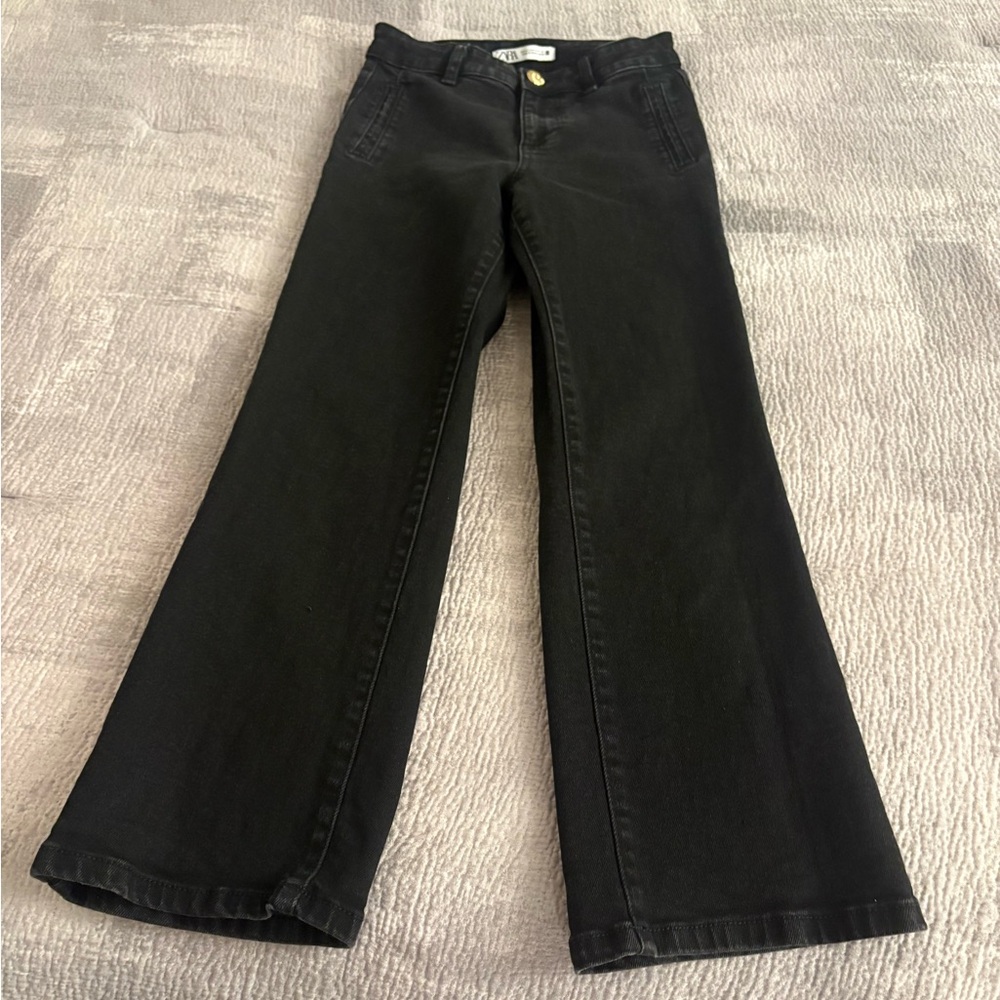 Zara High Waisted Cropped Flare Wide Leg Jeans - Washed Black Denim